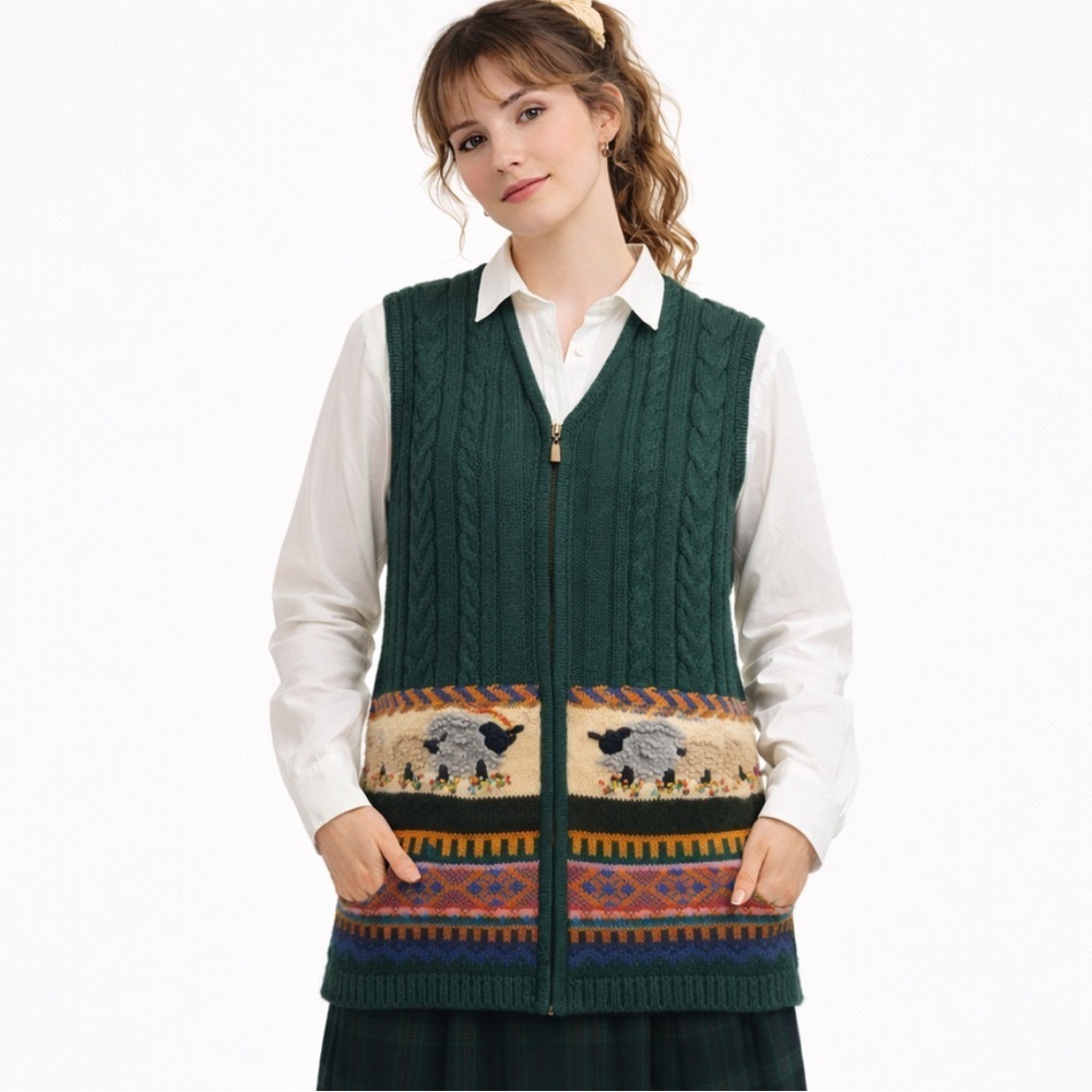 Vintage Sweater Vest Sheep Green Embroidered Zip Large Farm Cottage Gina Peters